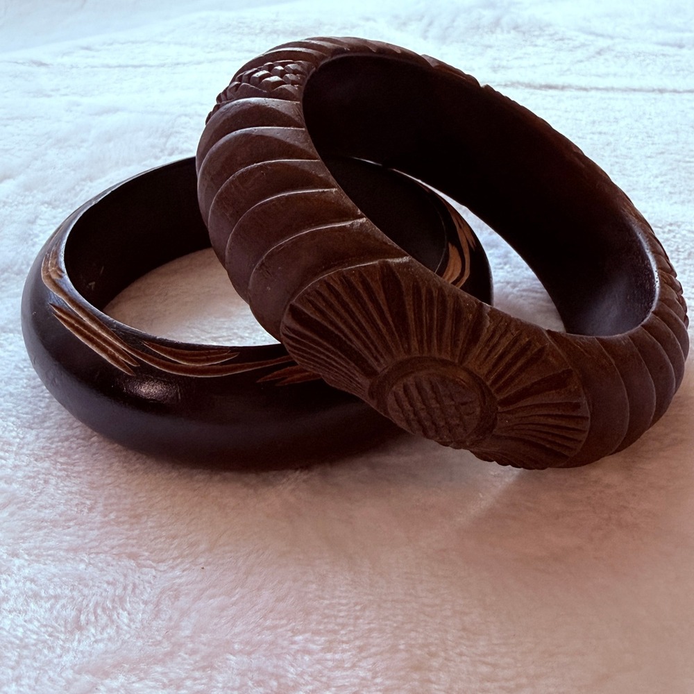 Vintage Carved Wood Bangle Bracelets Set of 2 Chunky Brown Boho Tribal Artisan